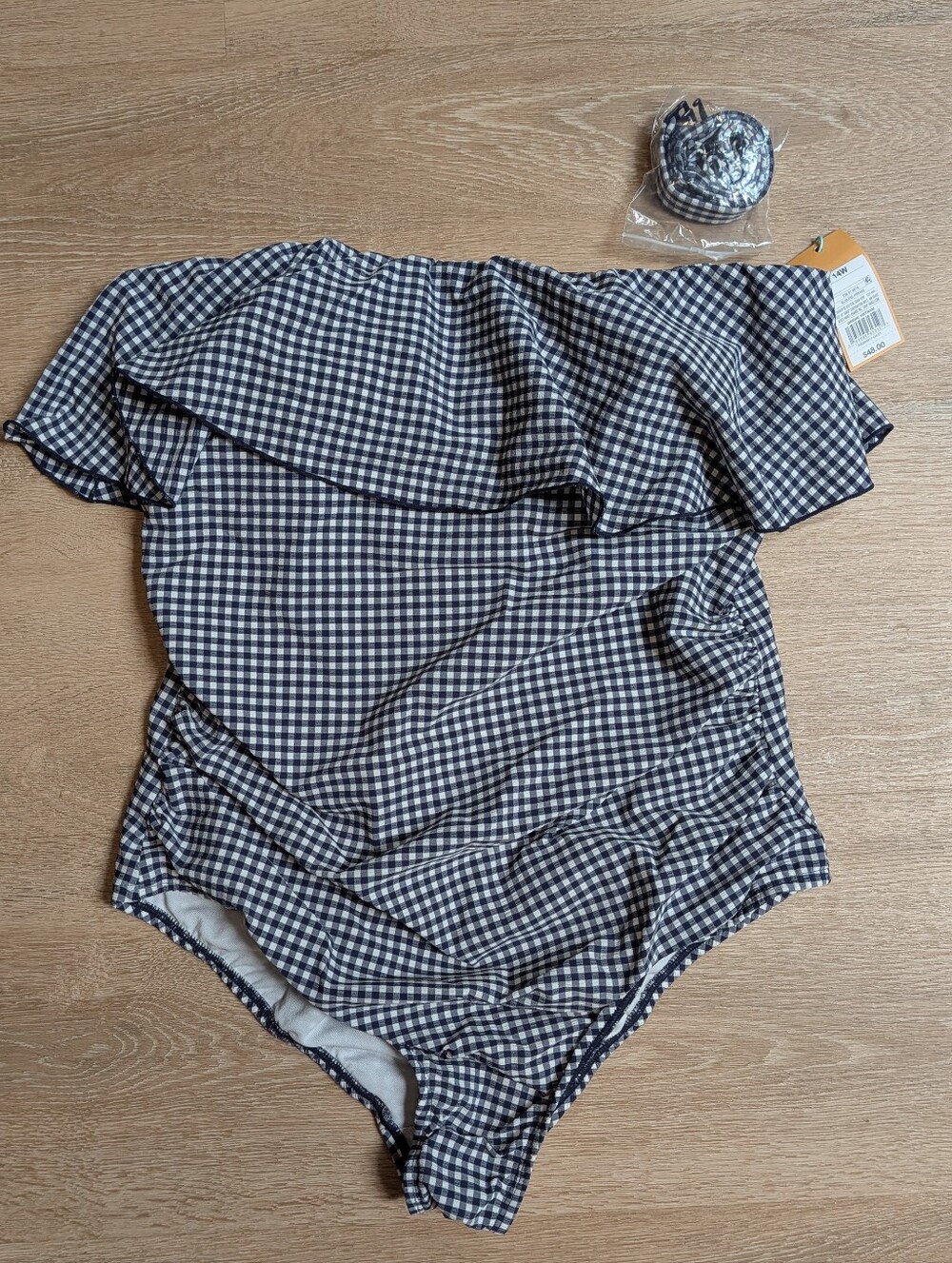 Kona Sol Navy White Gingham Off-Shoulder One-Piece Ruffle Ruched 14W 14